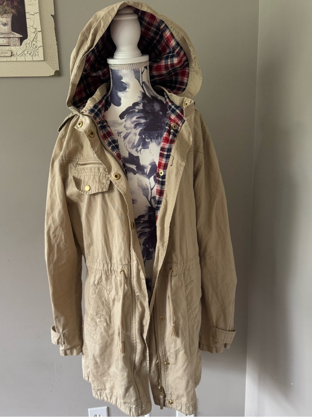 Streetwear Society Beige Hooded Jacket with Red Plaid Lining